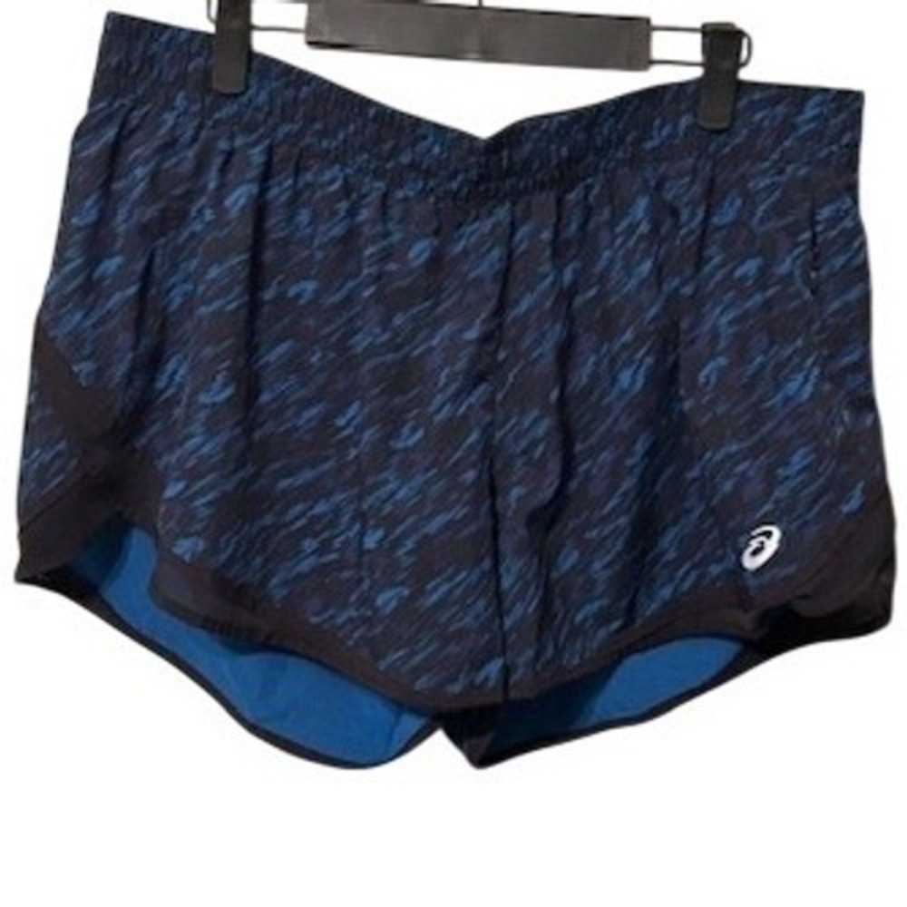 Asics Womens XL Blue Black Abstract Print Running Shorts Elastic Waist Athletic